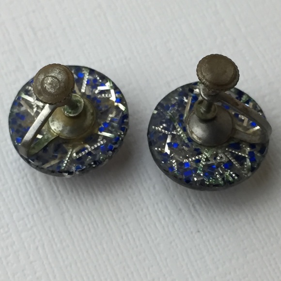 Vintage Confetti Lucite Blue & Silver Earrings - Picture 3 of 7
